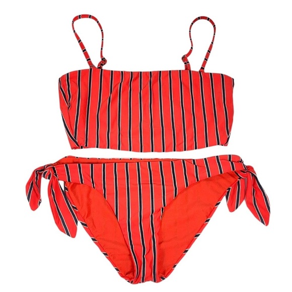 Billabong Hot For Now Lowrider Tie Bikini Bottom Bandeau Top Set in Red Stripe - Picture 2 of 13